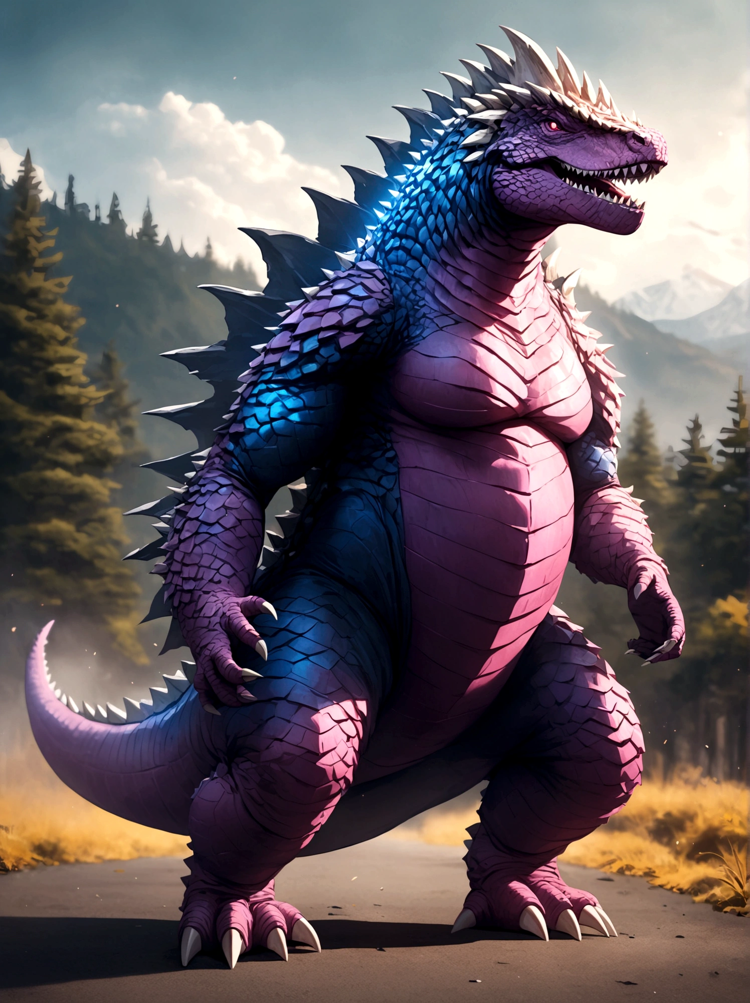 solo, full body, outdoors, blurry, no humans,pink godzilla