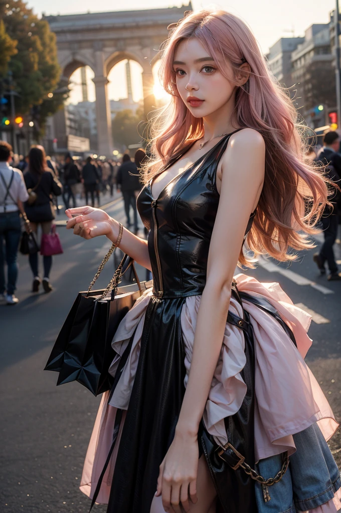 Light pink hair, blue eyes, Champs Elysees, Vibrant colors, steampunk Costumes、 Sunset behind, Ray Tracing, Wavy long hair、shopping