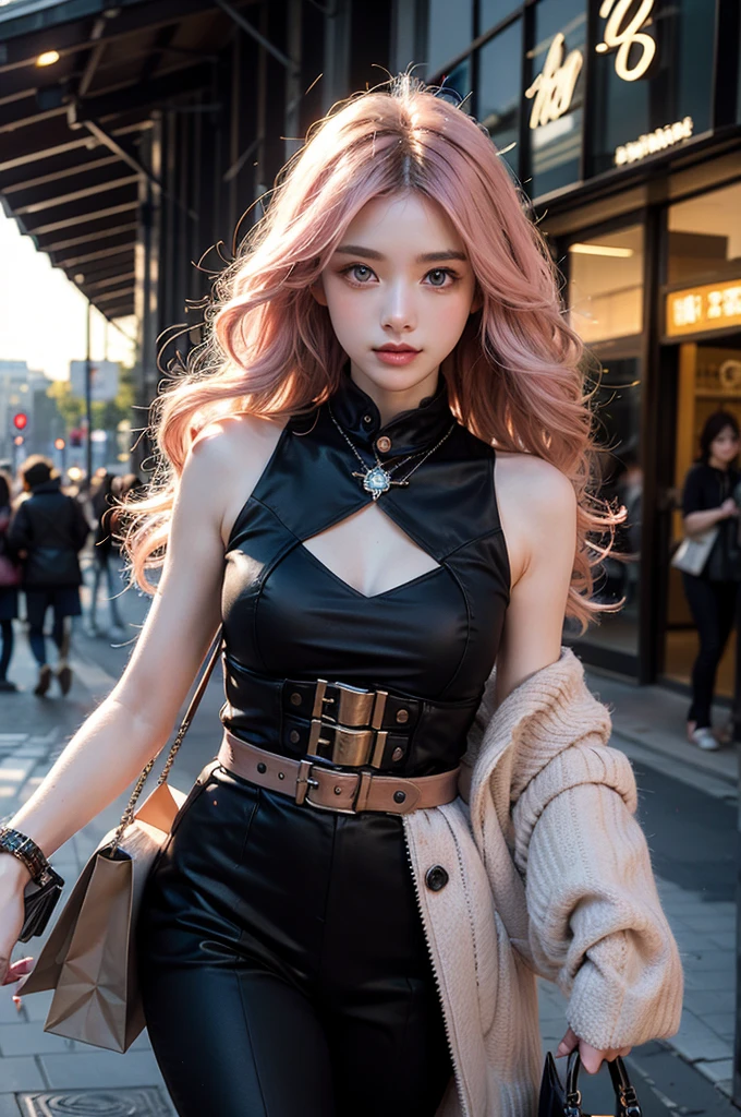 Light pink hair, blue eyes, Champs Elysees, Vibrant colors, steampunk Costumes、 Sunset behind, Ray Tracing, Wavy long hair、shopping