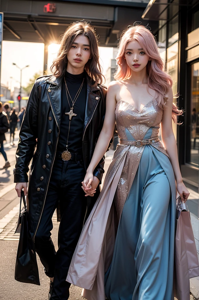 Light pink hair, blue eyes,  Champs Elysees, Vibrant colors, steampunk　Costumes、 Sunset behind, Ray Tracing, Wavy long hair、shopping