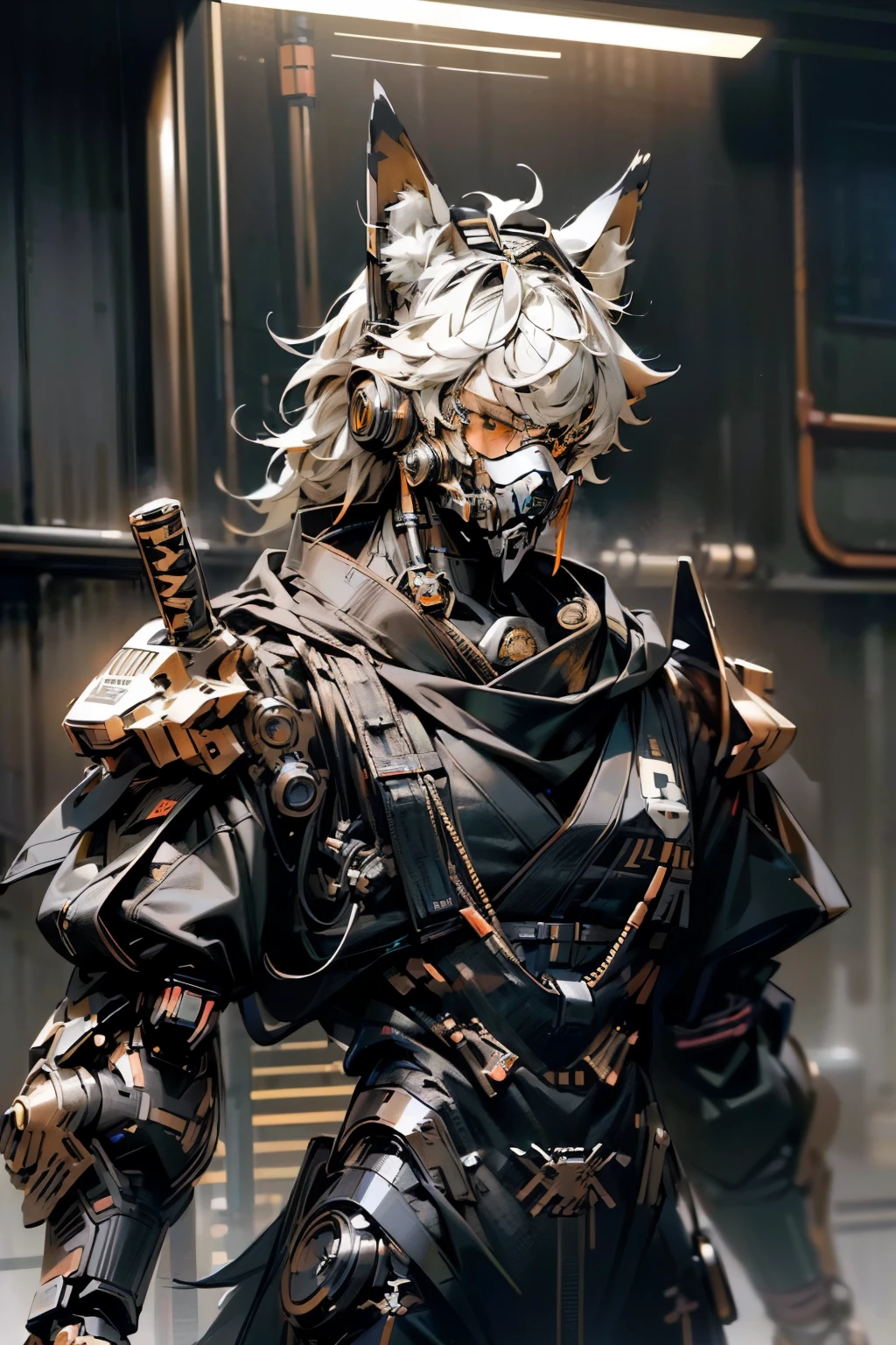 ((Ultra HD)),((detailedな描写)),((Highest quality)),((detailed)),((High resolution)),((8K)),Male soldiers,Wolf Hair,Dog ear headset,Black mechanical body,Glasses,Mechanical Joint, Standing pose,Realistic costumes,Bright lighting,Professional Lighting,cyber punk,The cord is connected to the costume.,Japanese sword,upper body,from front,