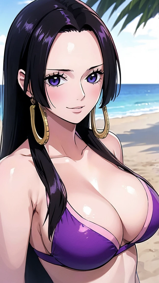 best quality, masterpiece, highly detailed,1girl, (detail light), Boa Hancock,, (masterpiece:1.5), Detailed Photo, Smiling,(8K, Photorealistic, Best Quality: 1.4), (1girl), Beautiful Face, (anime realistic Face), (Black Hair, long Hair: 1.3), Beautiful Hairstyle, Realistic eyes, beautiful detail eyes, (realistic skin), beautiful skin, absurd, attractive, ultra high resolution, ultra realistic, high definition, beach background, large breasts, purple bikini
