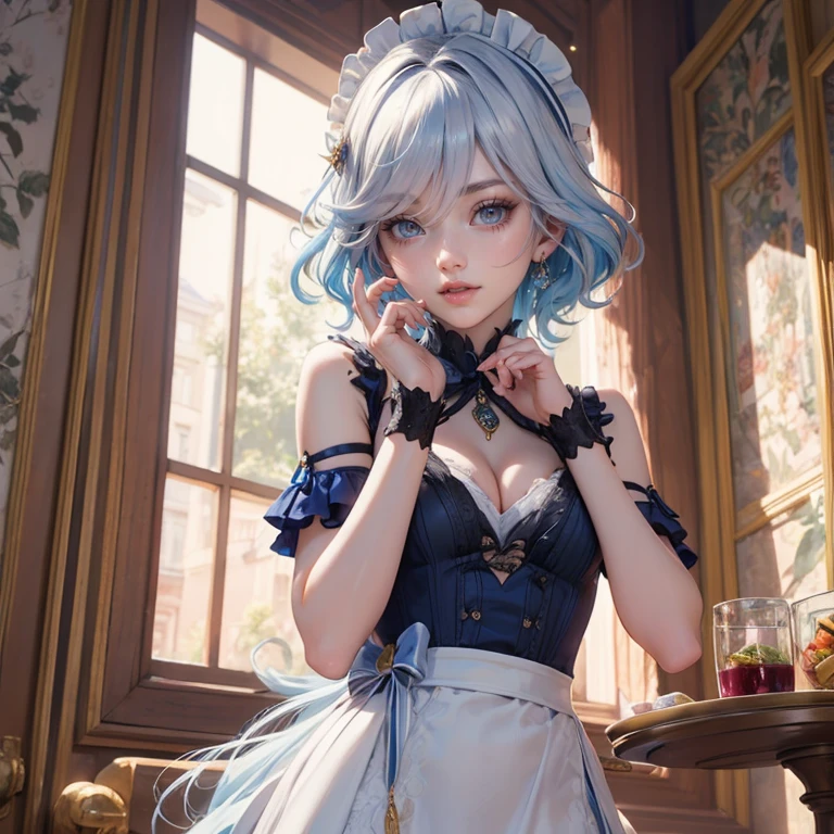 1girl, white roses, ornament hair, white roses on her hair, perfectly body, perfectly hands, white hair, blue hair, wave hair, long hair, ornament hair, long hair, Looking at the viewer, flowing hair, Beautiful Eyes, Plump and glossy lips, maid, maid dress, maid headdress, maid apron, white dress with too many frills, black dress, blue laces, white Short skirt, Drape clothes, blue gem, Lace trim, kitchen, luxury gold details, gold jewelry, more details, best quality, Big sparkling eyes, blushing, white Striped Lace Stockings, blue Lolita skirt, sparkle, solo, centered girl, cowboy shot, upper body portrait, perfectly body, perfectly hands, two arms, two legs, two hands, five fingers, perfect anatomy, glowing hair, white roses, maid, maid dress, dress, solo, flowing hair, floating hair, ornament hair, perfectly body, perfectly hands, on the kitchen, sparkles, more details on her clothes, white dress with transparency, golden details on her dress, night, tray with juice, ((4k, masterpiece, top-quality)), 8k, best quality, high resolution, UHD, (illustration:0.8), super cute girl, delicate and beautiful face, mature girl, super cute hairstyle, (beautiful detailed eyes:1.6), extremely detailed face, perfect lighting, extremely detailed CG, (perfect hands, perfect anatomy), Best quality, cleavage, small skirt, full Body, two arms, two legs, two hands, five fingers