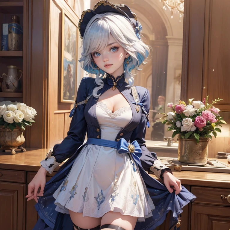 1girl, white roses, ornament hair, white roses on her hair, perfectly body, perfectly hands, white hair, blue hair, wave hair, long hair, ornament hair, long hair, Looking at the viewer, flowing hair, Beautiful Eyes, Plump and glossy lips, maid, maid dress, maid headdress, maid apron, white dress with too many frills, black dress, blue laces, white Short skirt, Drape clothes, blue gem, Lace trim, kitchen, luxury gold details, gold jewelry, more details, best quality, Big sparkling eyes, blushing, white Striped Lace Stockings, blue Lolita skirt, sparkle, solo, centered girl, cowboy shot, upper body portrait, perfectly body, perfectly hands, two arms, two legs, two hands, five fingers, perfect anatomy, glowing hair, white roses, maid, maid dress, dress, solo, flowing hair, floating hair, ornament hair, perfectly body, perfectly hands, on the kitchen, sparkles, more details on her clothes, white dress with transparency, golden details on her dress, night, tray with juice, ((4k, masterpiece, top-quality)), 8k, best quality, high resolution, UHD, (illustration:0.8), super cute girl, delicate and beautiful face, mature girl, super cute hairstyle, (beautiful detailed eyes:1.6), extremely detailed face, perfect lighting, extremely detailed CG, (perfect hands, perfect anatomy), Best quality, cleavage, small skirt, full Body, two arms, two legs, two hands, five fingers