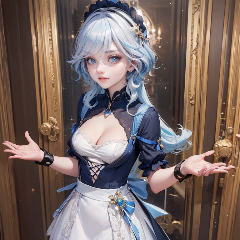 1girl, white roses, ornament hair, white roses on her hair, perfectly body, perfectly hands, white hair, blue hair, wave hair, long hair, ornament hair, long hair, Looking at the viewer, flowing hair, Beautiful Eyes, Plump and glossy lips, maid, maid dress, maid headdress, maid apron, white dress with too many frills, black dress, blue laces, white Short skirt, Drape clothes, blue gem, Lace trim, kitchen, luxury gold details, gold jewelry, more details, best quality, Big sparkling eyes, blushing, white Striped Lace Stockings, blue Lolita skirt, sparkle, solo, centered girl, cowboy shot, upper body portrait, perfectly body, perfectly hands, two arms, two legs, two hands, five fingers, perfect anatomy, glowing hair, white roses, maid, maid dress, dress, solo, flowing hair, floating hair, ornament hair, perfectly body, perfectly hands, on the kitchen, sparkles, more details on her clothes, white dress with transparency, golden details on her dress, night, tray with juice, ((4k, masterpiece, top-quality)), 8k, best quality, high resolution, UHD, (illustration:0.8), super cute girl, delicate and beautiful face, mature girl, super cute hairstyle, (beautiful detailed eyes:1.6), extremely detailed face, perfect lighting, extremely detailed CG, (perfect hands, perfect anatomy), Best quality, cleavage, small skirt, full Body, two arms, two legs, two hands, five fingers