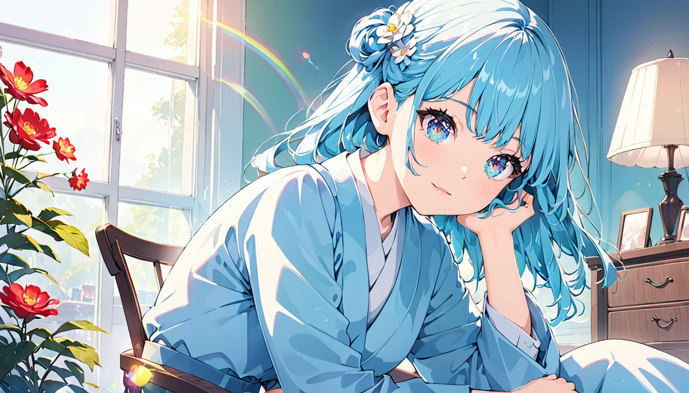 (Absurd:1.1, High resolution:1.1, 超detailed:1.1), 非常にdetailedな, 超detailed hair, (Fine grain:1.4), (Shining Eyes:1.3), thin, cute, Perfectly symmetrical face, narr○w waist, 超cute girl, 超cute face, 超cute, Super beautiful, Beautiful colors, ((Great quality)), (Clean hands), Elbow resting position, Upper body rest (Beautiful colors,detailed,Highest quality,Great quality,so beautiful), suit, Chair, Lighting and Shadows(perspective), Lighting particles, colorful, masterpiece, morning, Stylish room,