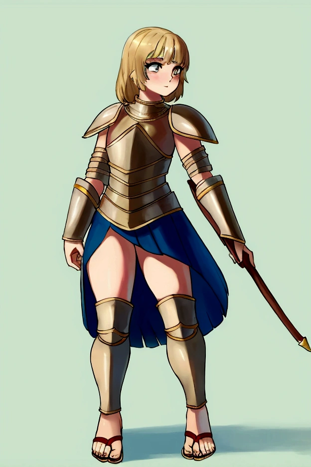 1girl, furry, furry_female, lizard_girl, solo, wearing full body plate armor, gladiator skirt, gladiator sandals, humanoid feet, holding a spear, nosebleed,bloody nose