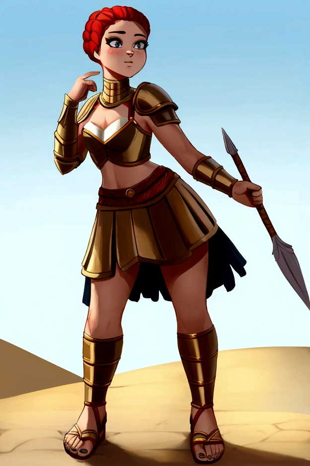 1girl, furry, furry_female, lizard_girl, solo, wearing full body plate armor, gladiator skirt, gladiator sandals, humanoid feet, holding a spear, nosebleed,bloody nose