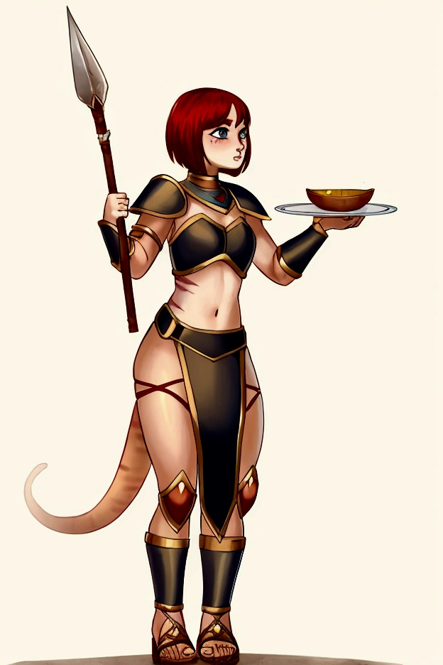 1girl, furry, furry_female, lizard_girl, solo, wearing full body plate armor, gladiator skirt, gladiator sandals, humanoid feet, holding a spear, nosebleed,bloody nose