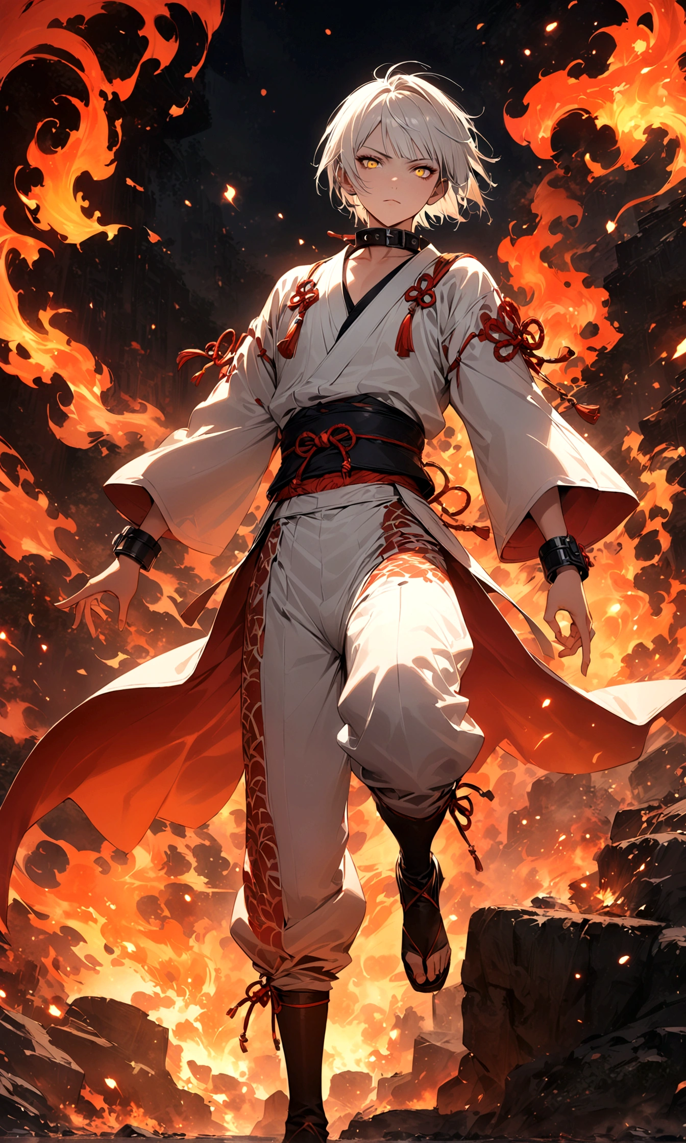 (1 male,Kobimaru,Androgynous short hair,White hair,White ninja costume,Gabimaru is a slender androgynous man,listless,Drooping eyes,Yellow eyes),Ishida Midori's style,Medium dirt,Intricate details,,decadent,artwork,Rendering,(masterpiece:1.3),(best quality:1.4),(Very detailed:1.5),high resolution,Very detailed,Unity 8K wallpaper,Dark Fantasy,glare,Fighting Style,rest,The ninja costume that Gabimaru wears is white.,Collar and cuffs are black.,rest,Add Japanese patterns to the background,Fire flames with detailed Japanese pattern