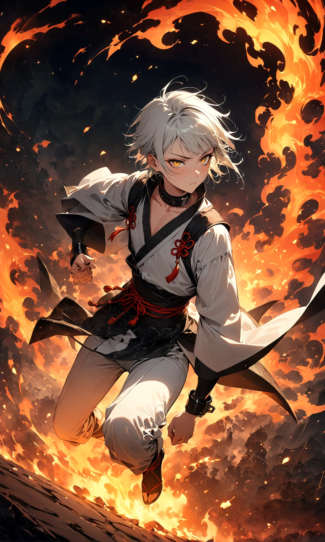 (1 male,Kobimaru,Androgynous short hair,White hair,White ninja costume,Gabimaru is a slender androgynous man,listless,Drooping eyes,Yellow eyes),Ishida Midori&#39;s style,Medium dirt,Intricate details,,decadent,artwork,Rendering,(masterpiece:1.3),(best quality:1.4),(Very detailed:1.5),high resolution,Very detailed,Unity 8K wallpaper,Dark Fantasy,glare,Fighting Style,rest,The ninja costume that Gabimaru wears is white.,Collar and cuffs are black.,rest,Add Japanese patterns to the background,Fire flames with detailed Japanese pattern