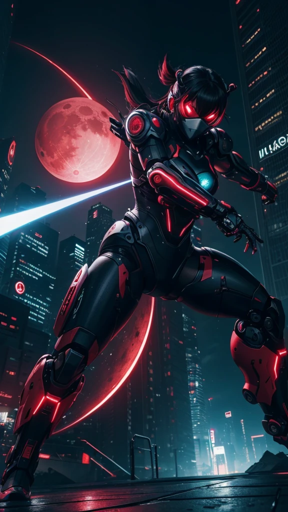 Ultra ha, full ha 8k regulations, masterpiece ultra realistic, anime, cyberpunk themed, cybernetics and robotics ninja fighting with a blood red moon background
