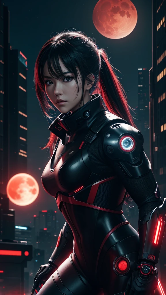 Ultra ha, full ha 8k regulations, masterpiece ultra realistic, anime, cyberpunk themed, cybernetics and robotics ninja fighting with a blood red moon background
