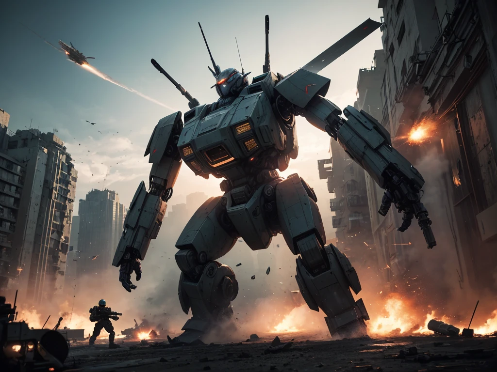 a highly detailed mecha, giant mech, futuristic mech, soldiers in combat gear, intense battle scene, explosions, anti-tank weapons, volumetric lighting, cinematic composition, dramatic lighting, muted color palette, gritty realistic style, epic scale, masterpiece, best quality, cinematic, photorealistic, 8k, hyper detailed