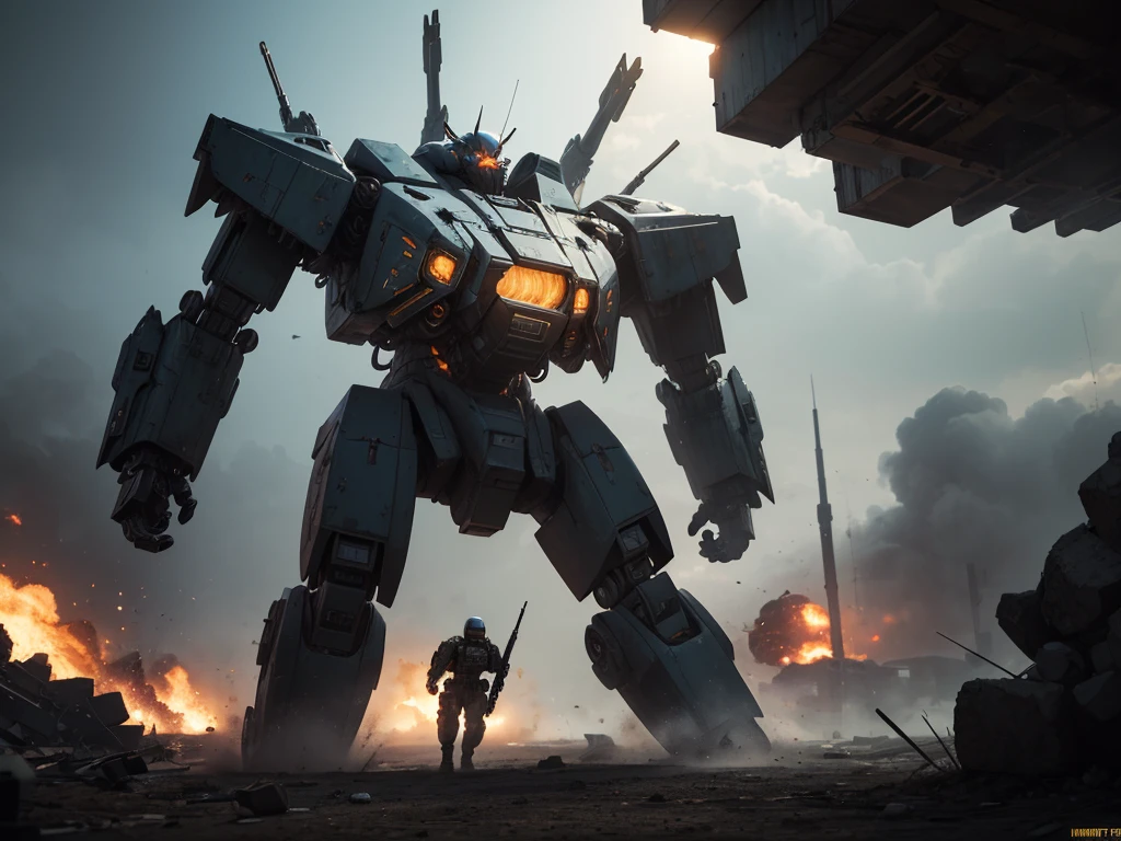 a highly detailed mecha, giant mech, futuristic mech, soldiers in combat gear, intense battle scene, explosions, anti-tank weapons, volumetric lighting, cinematic composition, dramatic lighting, muted color palette, gritty realistic style, epic scale, masterpiece, best quality, cinematic, photorealistic, 8k, hyper detailed