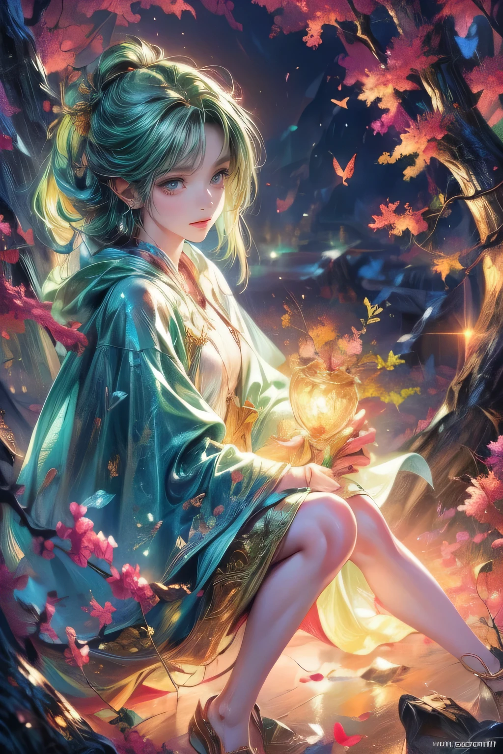 full-body view, masterpiece:1.2, highest quality, highres, 16k, ultra-realistic, photorealistic:1.37, beautifuldetailed, anime style illustration, 1girl, princess, light green hair, green forest spirit, beautiful light green hair, nature, fantastical, detailed face, beautiful light green eyes, expressive eyes, detailed lips, sitting on a branch on a high tree, legs dangling,ultra-detailed,intricate details, vibrant colors, fantasy art, digital painting, cinematic lighting, magical, cinematic angle,