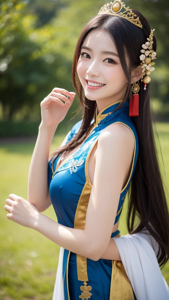 ancient chinese costumeを着て, ((Beautiful fantasy queen)), ancient Chinese Princess, Chinese style, chinese traditional costume, ancient chinese costume, Beautiful fantasy queen, Chinese Princess, Traditional Beauty,smile,, (8K, Raw photo, Highest quality, masterpiece:1.2),(Realistic, photo-Realistic:1.37),whole body、Highest quality, Photorealistic, finely, High resolution, 8Kの壁紙, Perfect dynamic composition, Detailed and beautiful eyes, Medium Hair, Big and ample breasts, sexyなポーズ,、smile、30 years old、(Droopy Eyes 1.4)、beauty、smile、whole bodyの姿、Hair tied up、Smile、sexyポーズ、smile、race、whole body、Touching the chest with hands、sexy、string下着、Pants with the same pattern as the outfit、string