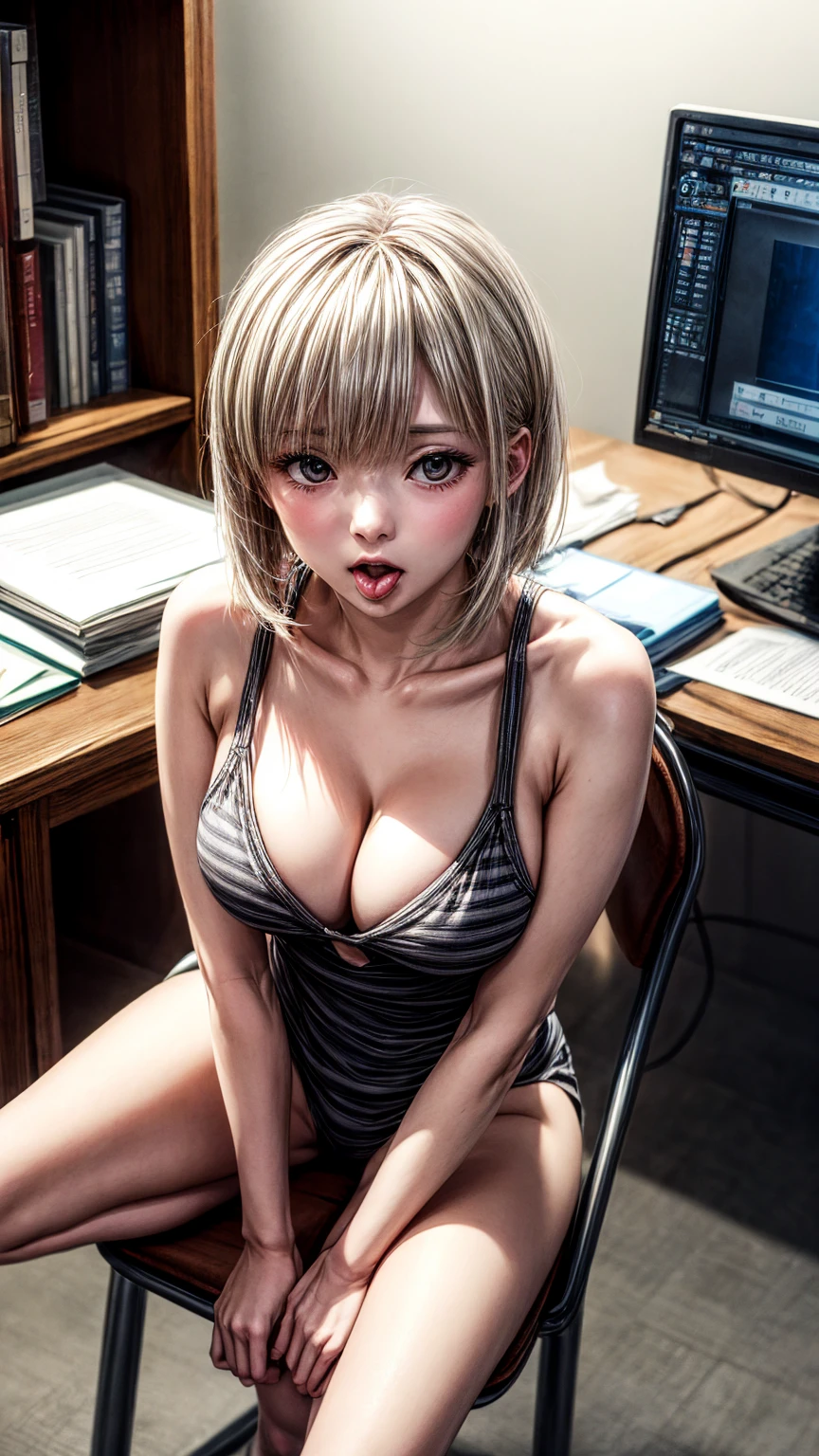 8K quality、High resolution、、Small and young breasts、Open the mouth to reveal a realistic tongue、Beautiful cleavage、Gray Hair、Thin legs、、Full Body Shot、Moist lips、Sitting at a desk looking at documents