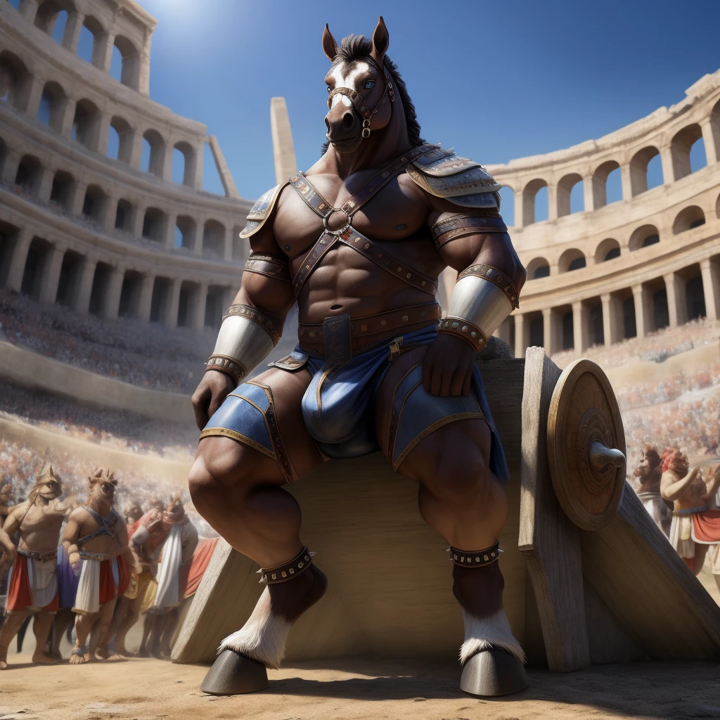 Furry, Kemono, Antropomorphic, Equine, solo, (Color White), Furry Antropometric legs, Hooves, Antro body, Bigg Ass, Male Bulge, Bigg Balls, Full body, Braided Mane, Roman gladiator armor, Gladiator, Black leather harness, Spiked Anklet, Roman arena with public in the stands, Blue Pupil Eyes, High Resolution, 4K Detailed, Good Lighting, Beautiful, Photorealistic, Realistic, tale, tale horse, horsecock, Genital, cock, penis, Nude, Dick