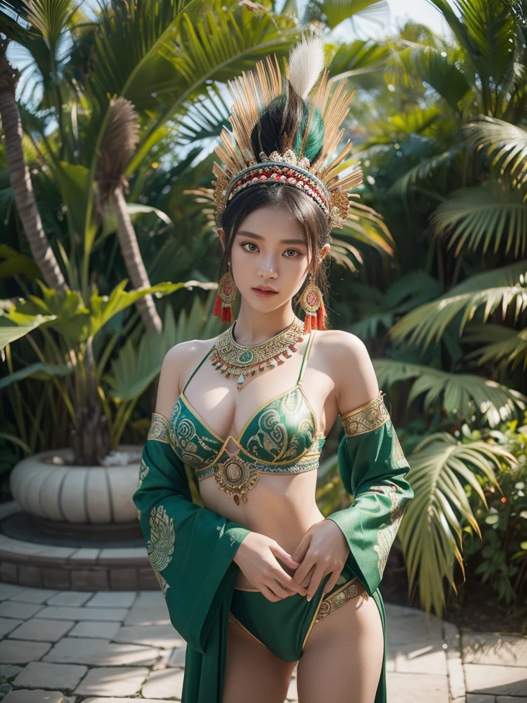 An Indonesian-styled shaman suit without pants worn by a beautiful 18 years old girl depicting cultural fashion. No bra, no underwear. Exposing the flat chest. The suit is adorned with intricate patterns and dominant by a green colors, showcasing the rich heritage of Indonesia. The girl stands confidently in a dynamic pose, with her detailed eyes reflecting ambitious. The suit's material is a combination of traditional textiles, green emerald stone, and traditional transparent fabrics, giving it an erotic and lust persona. The overall image quality is of the highest standard, with sharp focus and ultra-detailed rendering. The artwork employs physically-based rendering techniques, resulting in realistic lighting and shadows. The colors are vivid and vibrant, capturing the essence of Indonesian cultural aesthetics. The background features of traditional architecture and traditional elements, creating an aesthetic indonesian culture. The prompt explores the intersection of Indonesian culture, traditional design, and the artistic representation of a shaman girl.