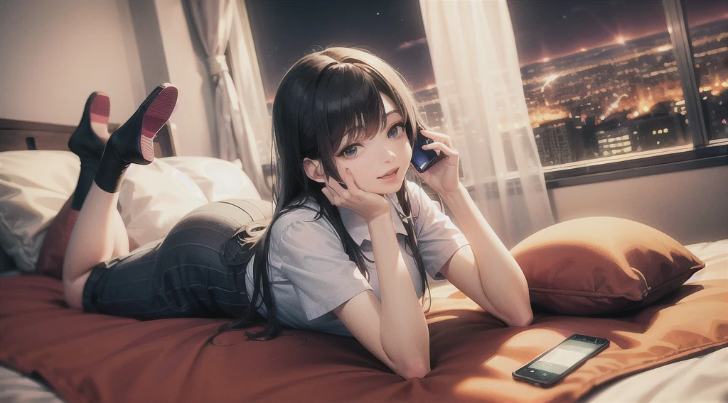 Highest quality(8k)masterpiece、Time: Night(1.8)He is lying on the bed by the window and talking on his cell phone.(1.8)Clothing is high school uniform(1.8)The night view can be seen from the window(1.8)、A room in a high-rise apartment with very large windows(1.8)It's dim in the room.(1.8)、One girl、Very cute、Best Style、Hairstyle(long(1.8))The room is a high school girl's room(1.8)、There are no curtains、17age、Firm and refreshing々Fresh skin。Plump legs