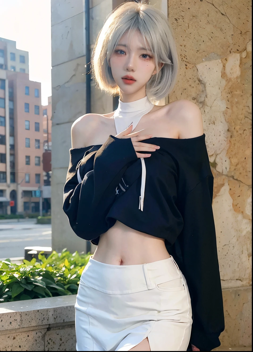 Beautiful woman with perfect figure:1.4,Ultra-high resolution,Put your hands behind your back,Snow background,(Realism:1.4),perspective,Layered hairstyle,Snow white skin,JK:1.5,Super short pleated skirt,whole body:1.4,Very delicate and skin texture,Double eyelids,Skin Whitening,Long hair,White hair