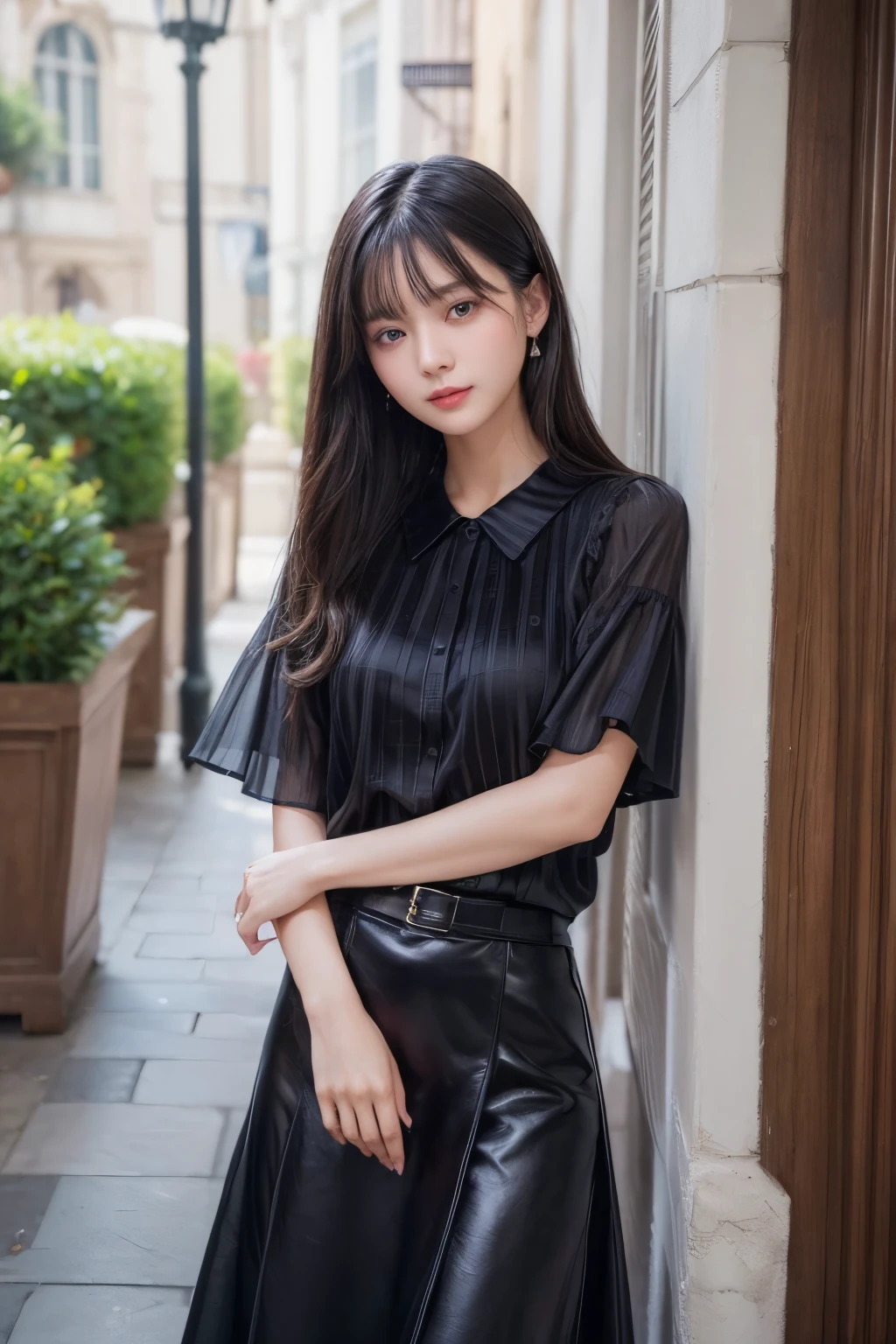((Best image quality、8K、masterpiece:1.3))、Realistic high-quality photos、Highest quality、Beautiful and graceful face and eyes、Black Hair、Shiny Hair、 OL、Wearing a short-sleeved blouse、Wear a long skirt、Full Body Shot.
