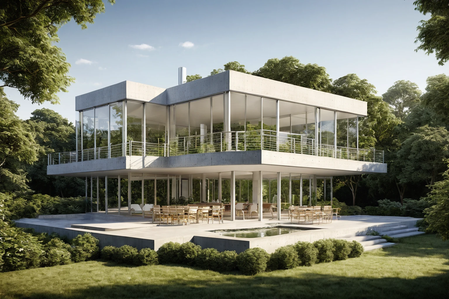 house, morning, surrounding trees, realistic, people, garden, detailed, sharp, realistic, best quality, super detailed, concrete, Richard Meier style, dominant light tones