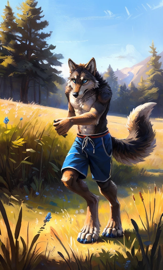 ((Solo)), male people, anthro wolf, (Multi-colored fur, White-brown:1.3，White tail pointed), (Height 2.1m,Tail length 1.2m), ((Wolf face, Big eyes, White eyelids, Blue pupil, Slim:1.2) (Tough, Calm expression:1.2)), Abs, Slim, pinging)), (Correct anatomy), (Work shorts:1.1), The upper body  naked, (detailed outfits),A long big tail，Feet，(Realistic fur, Detailed fur texture, labeled:1.3)), (Natural lighting), Photorealistic, Hyperrealistic, ultradetailed, by Kenket，Field，erect through，Running on