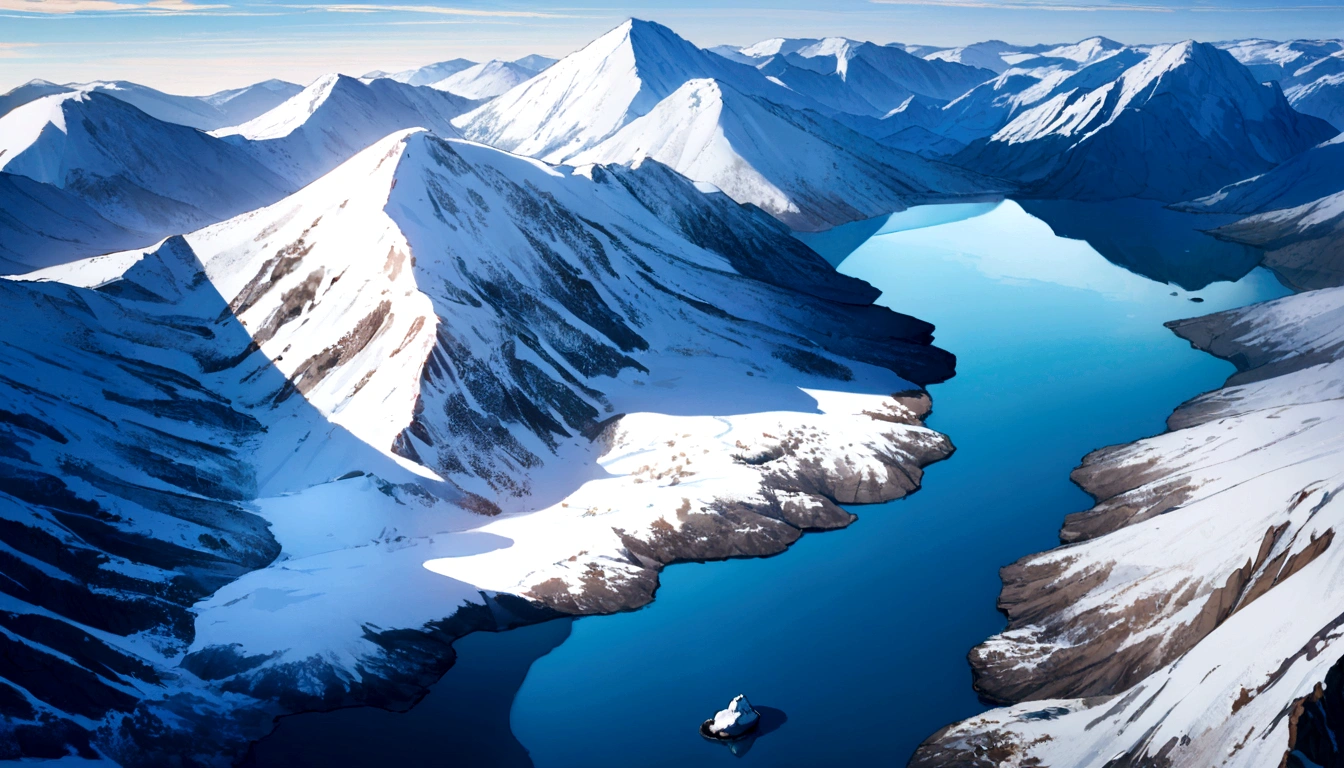 (Highly detailed CG Unity 8k wallpaper、masterpiece、highest quality、Super detailed)、(best lighting、best shadow、very delicate and beautiful)、highest quality、8k、Detailed facial depiction、masterpiece、highest quality、Crisp image quality、A snowy field spread out on the shore of a quiet lake and a mountain reflected in it々Photo of