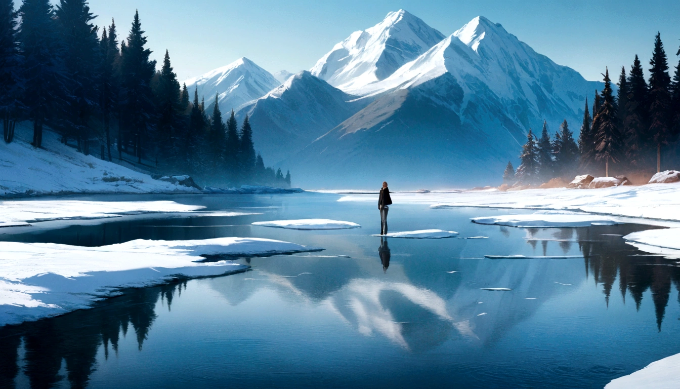 (Highly detailed CG Unity 8k wallpaper、masterpiece、highest quality、Super detailed)、(best lighting、best shadow、very delicate and beautiful)、highest quality、8k、Detailed facial depiction、masterpiece、highest quality、Crisp image quality、A snowy field spread out on the shore of a quiet lake and a mountain reflected in it々Photo of