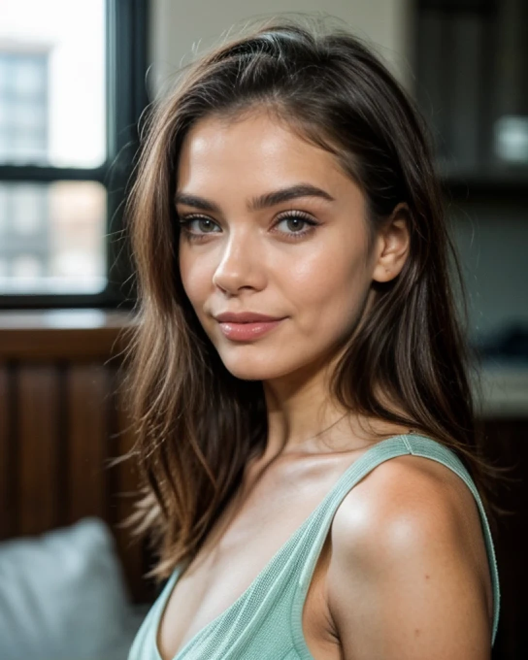 Cute beautiful and sexy European brunette with light blue eyes, 22 years, seductive look in the eyes, girl wears designer dress, room , walking, sardonic smile, bare legs, attractive, innocent face, face length 1.3 times the width of the face, Almond eyes, square face shape, high cheekbones, naturally wavy hair, light green eyes, High resolution, Masterpiece, Best Quality, intricate details, Very detailed, sharp focus, detailed skin, realist skin texture, texture, detailed eyes, professional, 4k, charming smile, shot with cannon, depth of field, Kodak Color Vision, perfectly fitted body, extremely detailed, Photo_\( ultra\), Photorealist, realist, Post processing, maximum details, roughness, real life, ultrarealist, Photorealism, Photography, 8k hd, Photography