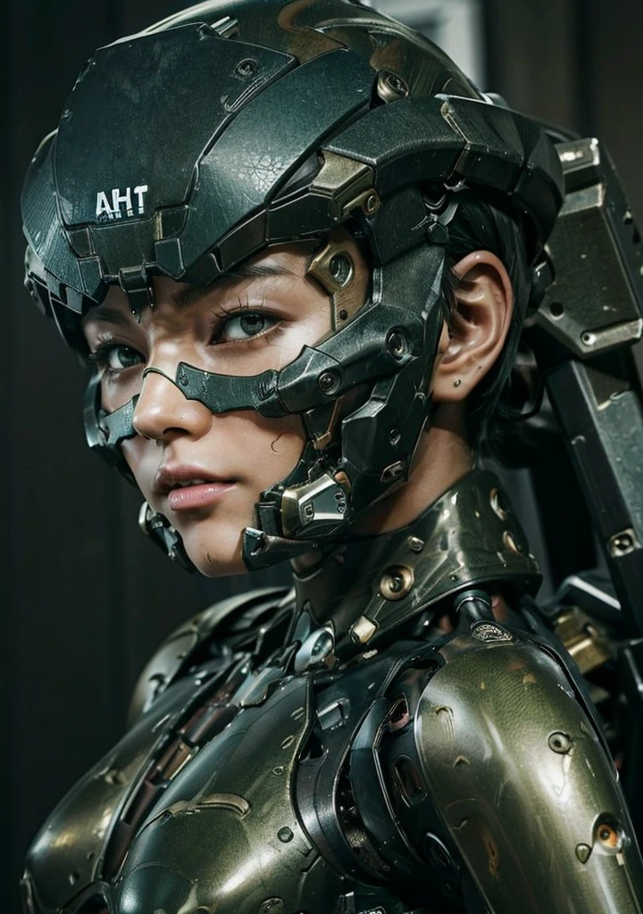 Textured skin, Very detailed, Attention to detail, high quality, 最high quality, High resolution, 1080P, hard disk, beautiful,(War Machine),beautifulサイボーグ女性,Mecha Cyborg Girl,Battle Mode,Girl with a mechanical body　Black Hair　Short Hair Boyish　Dark green armor　Soaked Face　Change is over　Met Off　Steam coming out of the head　Steam coming out of the whole body　Painful expression　Please open your mouth wide　Snug-fitting headgear　Sentai Pose　Full body portrait　　Sole　