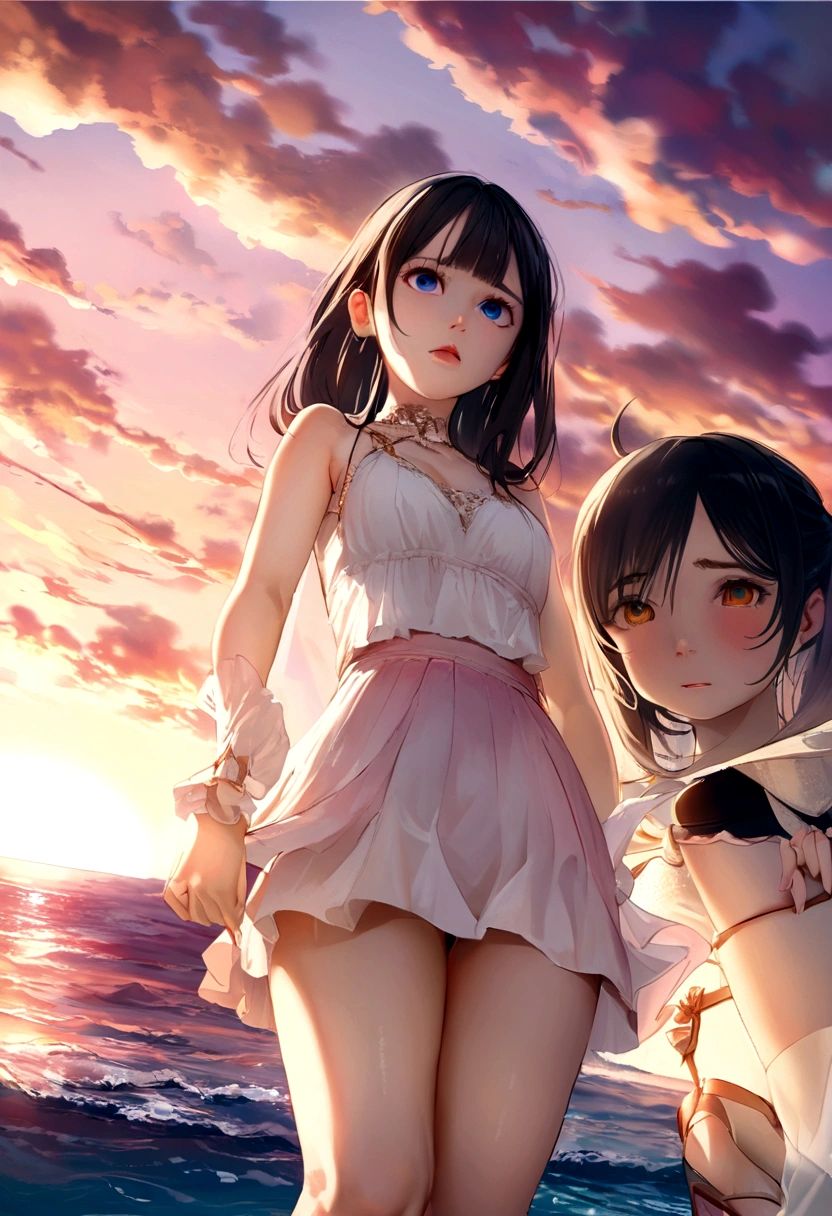 Highest quality，masterpiece，Ultra-high resolution，（realism：1.4），RAW Photos，Warm Light，Ocean and Beach，One girl，Walking on the beach，White blouse，Pink short skirt，Sandals，The Sunset Sun，Long black hair，（slim，Dignified，Embarrassed expression），Beautiful teenage girl，Beautiful Goddess，detailedなシーン, Beautiful digital illustrations, detailed，超detailedな, Cinematic Quality，((From below))