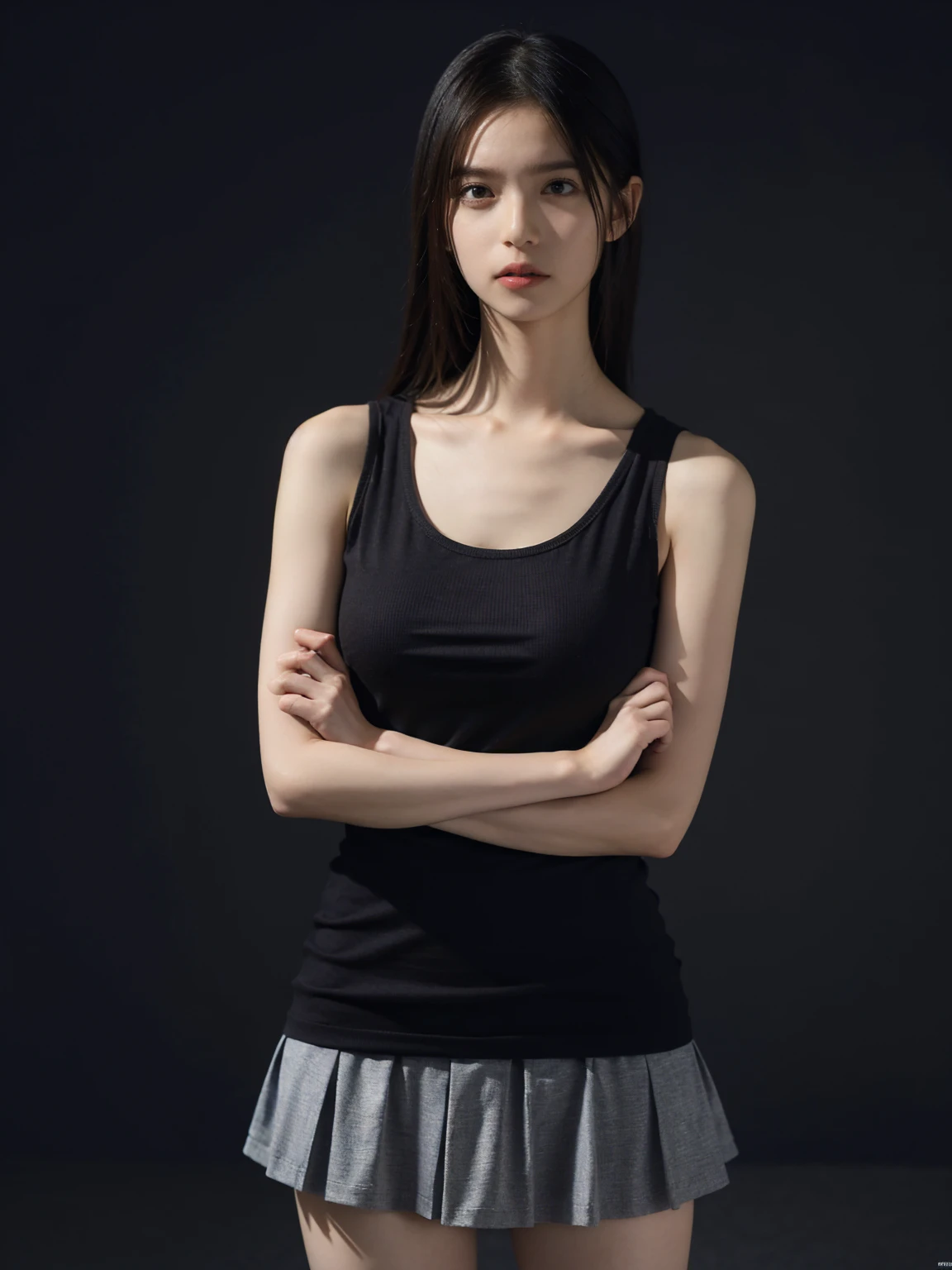 1girl, woman, masterpiece, best quality, highest quality, cinematic lighting, (volumetric lighting), extremely detailed CG unity 8k wallpaper, focused, 8k wallpaper, extremely detailed, ultra realistic, photorealistic, sharp focus, absurdres, (HDR:1.2), (high contrast), photograph, detailed and intricate, instagram, portrait, highly detailed, digital painting, artstation, concept art, smooth, sharp focus, illustration, cinematic lighting, (natural big breast), black short skirt, eyes looking at the viewer, (very skinny legs), ((slender body)), skinny, (((height 170cm))), (HQ skin: 1.4, Realistic human body structure), (((standing with crossed arms))), full body:1.3, (wearing knit tank top, short skirt), (((medium shoulder)))