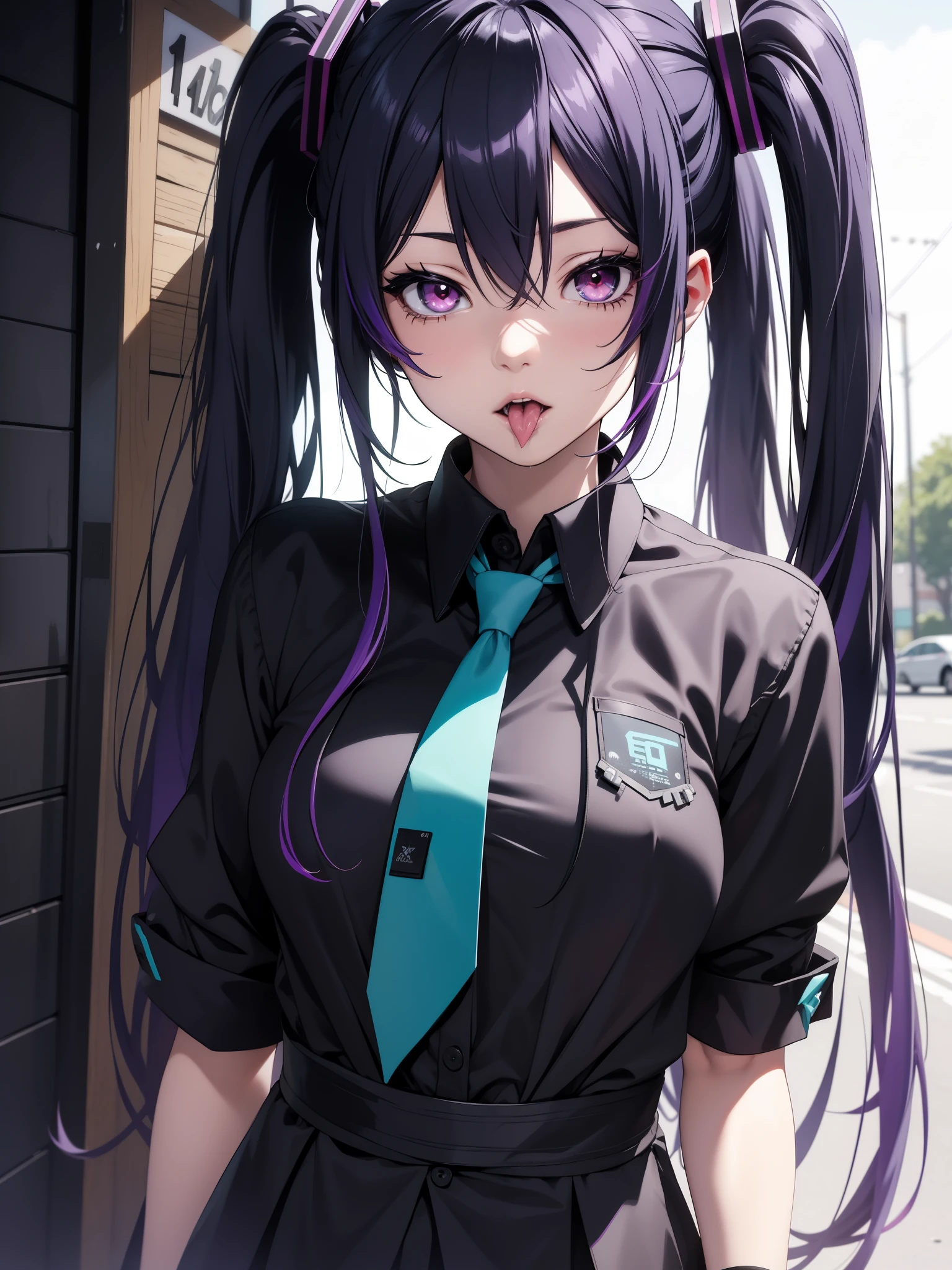 hatsune miku, emo, goth, black and purple hair, red eyes, school wear, showing the tongue, big tits
