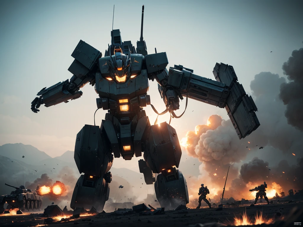 a highly detailed mecha, giant mech, futuristic mech, soldiers in combat gear, intense battle scene, explosions, anti-tank weapons, volumetric lighting, cinematic composition, dramatic lighting, muted color palette, gritty realistic style, epic scale, masterpiece, best quality, cinematic, photorealistic, 8k, hyper detailed