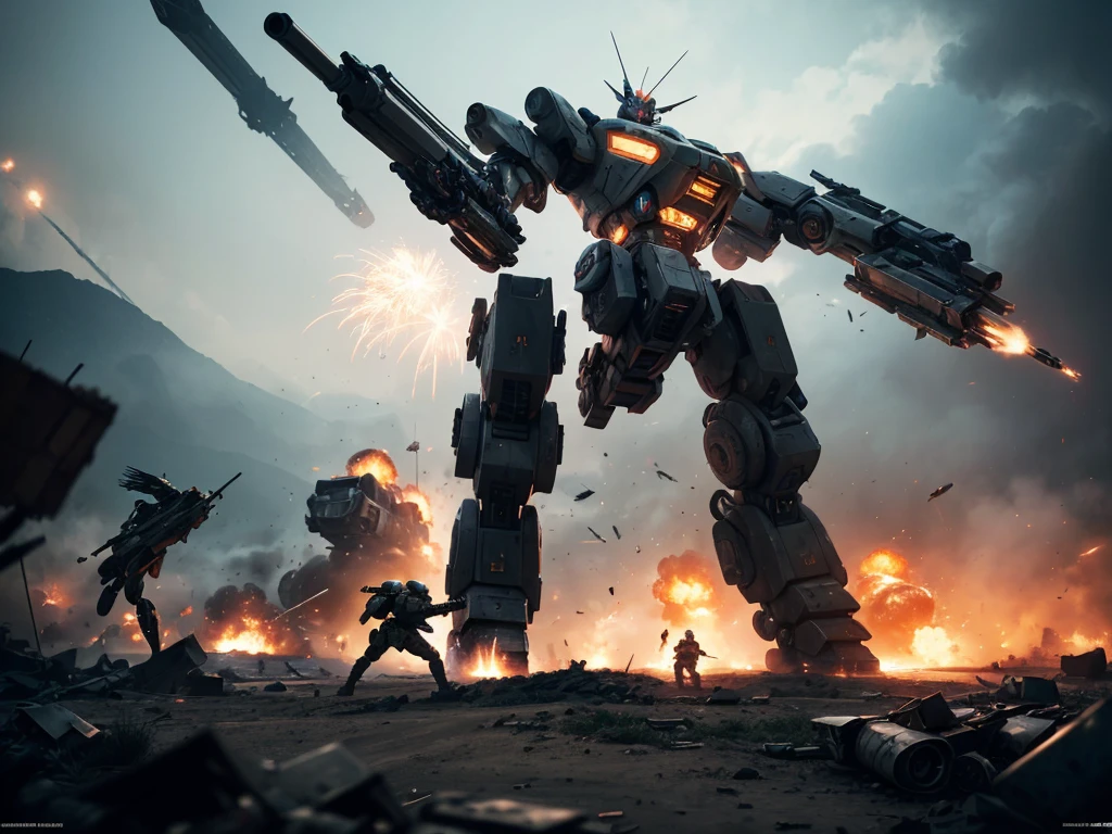 a highly detailed mecha, giant mech, futuristic mech, soldiers in combat gear, intense battle scene, explosions, anti-tank weapons, volumetric lighting, cinematic composition, dramatic lighting, muted color palette, gritty realistic style, epic scale, masterpiece, best quality, cinematic, photorealistic, 8k, hyper detailed