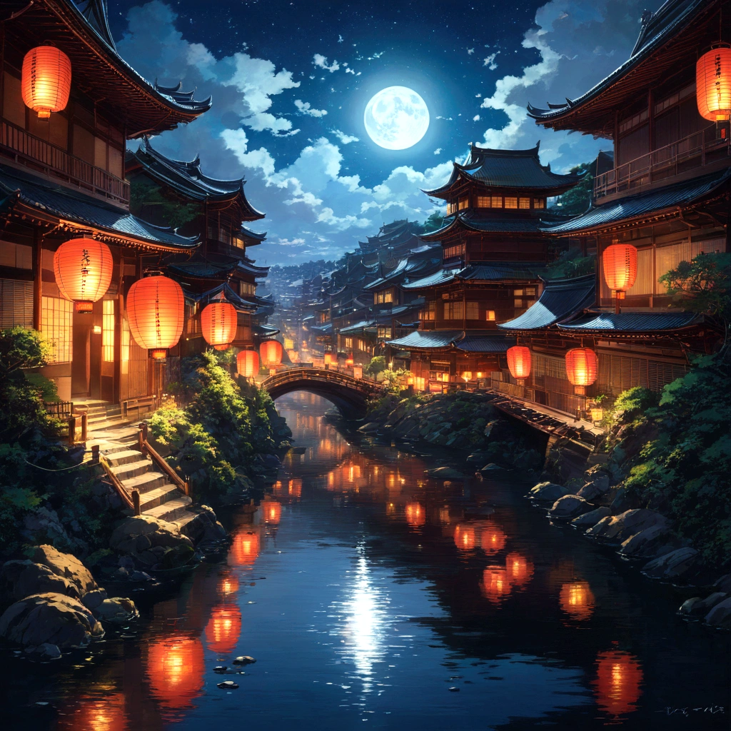 night空にfull moonが輝きを放ち、漆黒の闇に包まれたKyotoの街並みをFantasyに照らしている。 Kamo Riverの清らかな水面の上空を、巨大なYamata no Orochiが悠々Flying with。その姿は闇nightに黒く浮かび上がり、Each of the eight heads has its own will.、Pompidou々"。The sharp, shining red eyes、It has a mysterious power that seems to see through everything.。dragonの長い胴体は、まるでnight空に描かれた墨絵のように、Drawing beautiful curves、Kamo Riverの水面にFantasyな影を落としている。眼下に広がるGionの街並みは、Illuminated by the gorgeous light of lanterns、その賑わいとdragonの静寂が対比となり、It exudes an otherworldly beauty.。 beautifulAnime Scenery, Landscape painting, beautifulデジタル絵画, Andreas Rocha, beautifulアートワークのイラスト, Awesome Wallpapers, Raymond Han, 背の高いbeautiful絵画, Studio Ghibli Makoto Shinkai, beautiful壁紙, Anime Scenery, Yamata no Orochi, dragon, Kyoto, Kamo River, Gion, full moon, night, Fantasy, beautiful, Humans don't draw