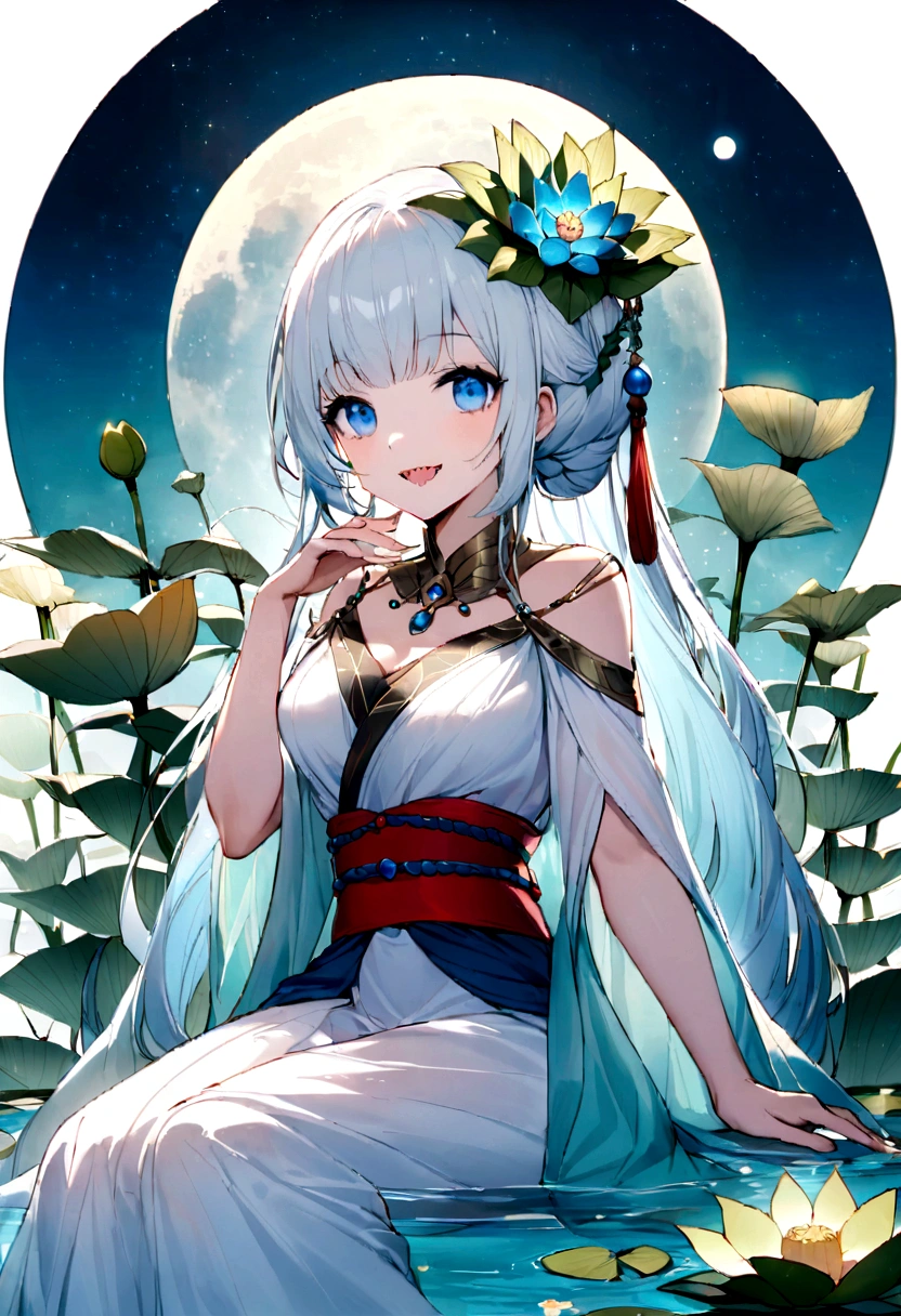 Drawing of a fish lady wearing a gorgeous combination of ancient Greek and Miao traditional costumes,She has black fish scales,The delicate jade-like face reveals gentleness and wisdom。She wore a beautiful bun on her head.,Decorated with pearls and crystals,Like the moon in the water。Her blue eyes are bright and clear,It seems to be able to see through people's hearts。She holds a handful of water plants,Gently fiddle with the room,Rippling water,The notes are as melodious as spring water。A tranquil water backdrop,Breeze in the wind,The lotus leaf swayed,Reflecting her gentle smile,Exudes a tranquil and peaceful atmosphere。She was dressed in black,It highlights her graceful figure。Her charming smile,Sharp teeth looming in the mouth。Her dress is not a combination of ancient Greek robes and Chinese cloth,Wear a blue belt,A red belt around the neckline。It's night,Her blue eyes sparkle like a ghost。