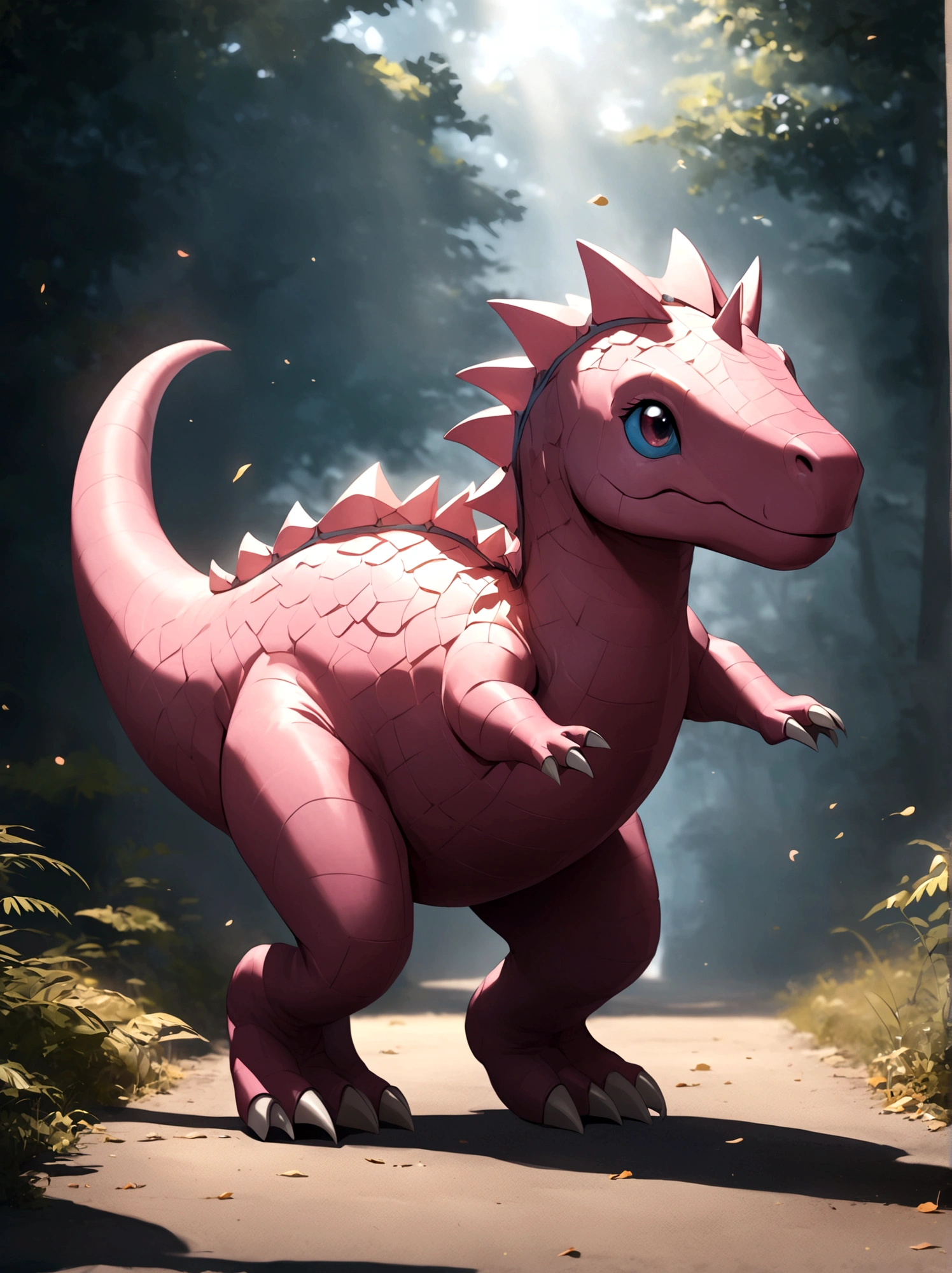 solo, full body, outdoors, blurry, no humans,Pink dinosaur,