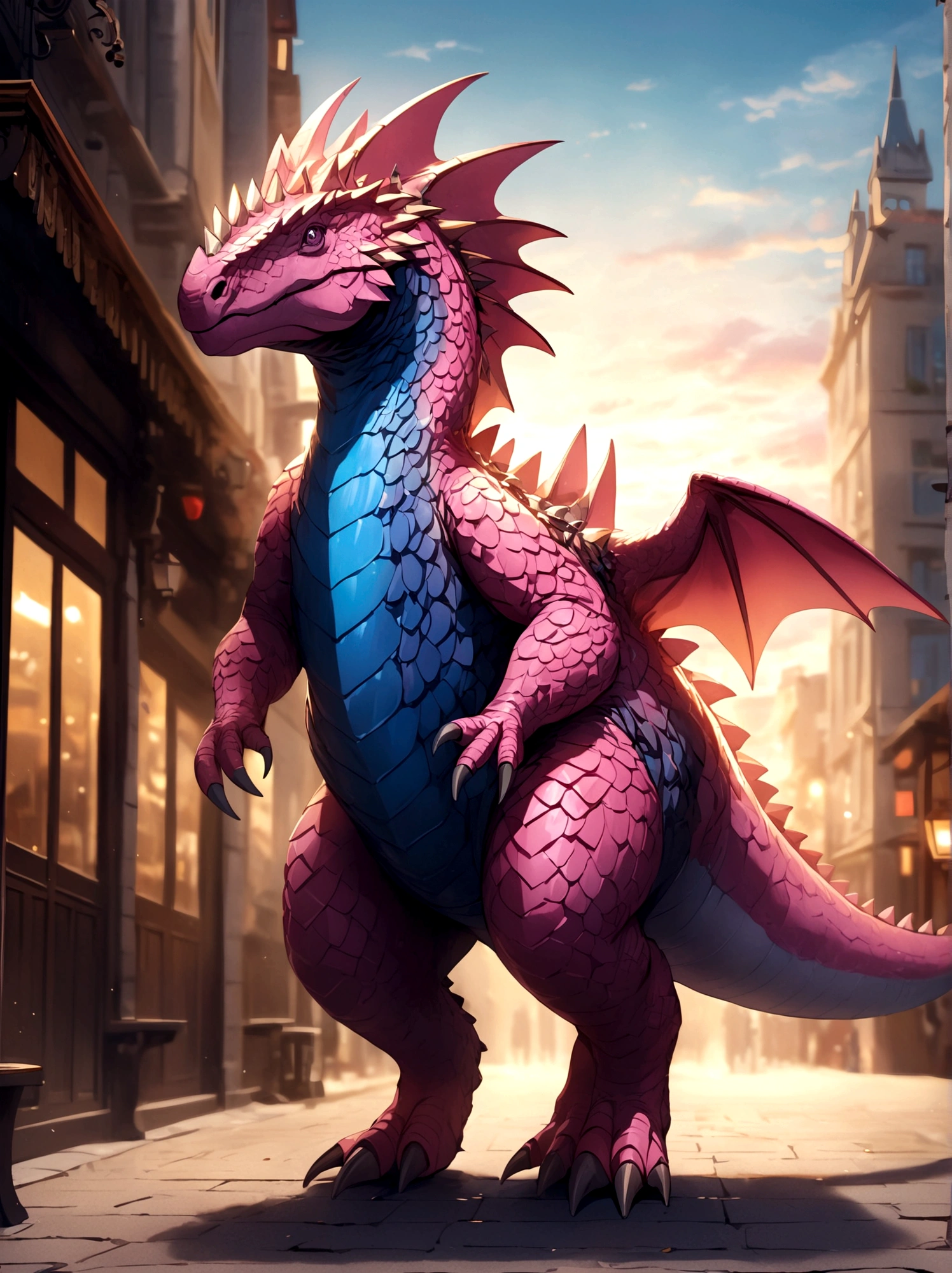 solo, full body, outdoors, blurry, no humans,Pink dinosaur,