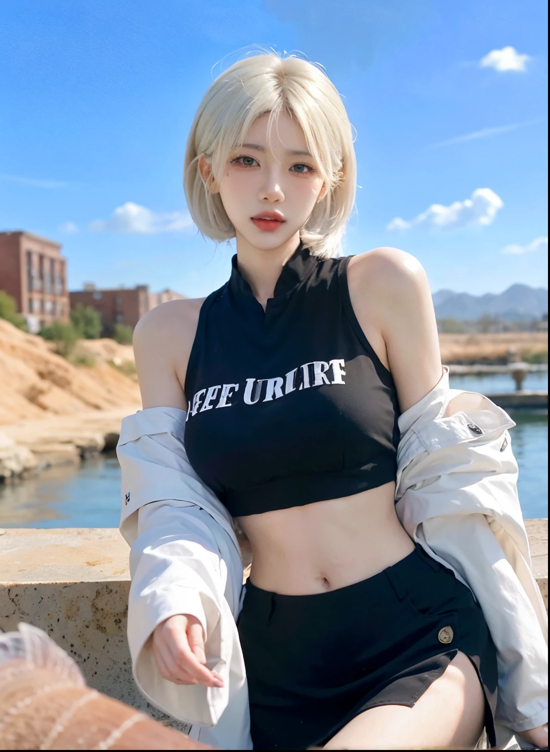 Beautiful woman with perfect figure:1.4,Desert Background,Desert Background,Ultra-high resolution,Seductive laughter,wear glasses,(lifelike:1.4),Layered Hairstyle,White皮肤,Super short pleated skirt,whole body,Very delicate face and skin texture,Double eyelids,Skin Whitening,Long hair,White hair,White,