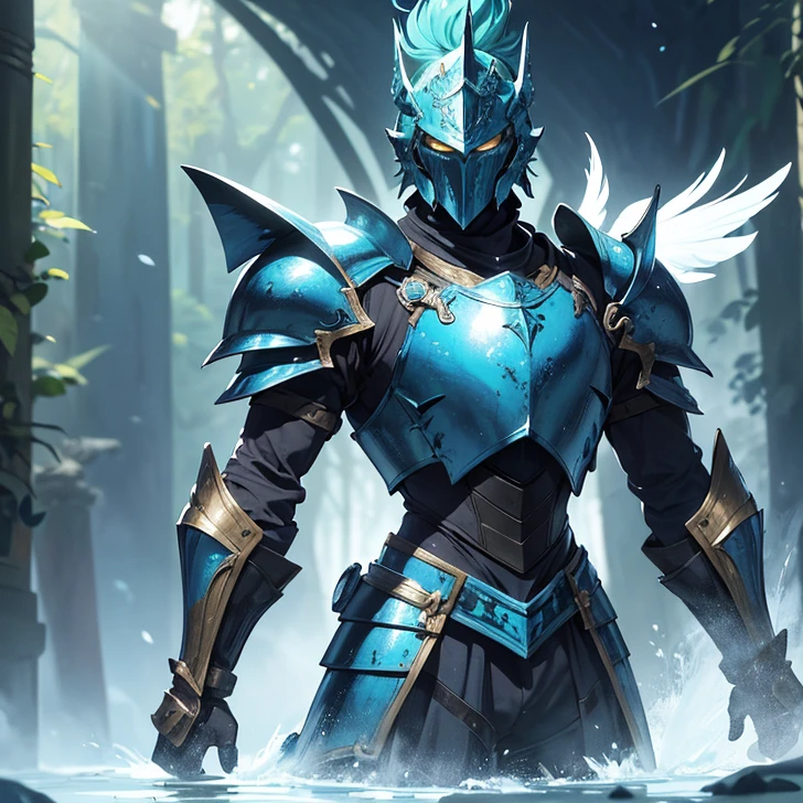 (absurdres, best high quality and very detailed image, carefuly detailed, better textures and detailed features, high fantasy artwork, anthropomorfic animal) humanoid animal solo character
Duck, orange duck beak, white feather in all his body, blue eyes, chunky body, feathered hands, duck feet, serious face and honourable demeanor, (fantasy armor, blue helmet with green ponytail, blue heavy armor, blue bulky shoulder pads) (knight shield at his back, long broadsword at his back)
Standing at the green forest with natural magical lights.