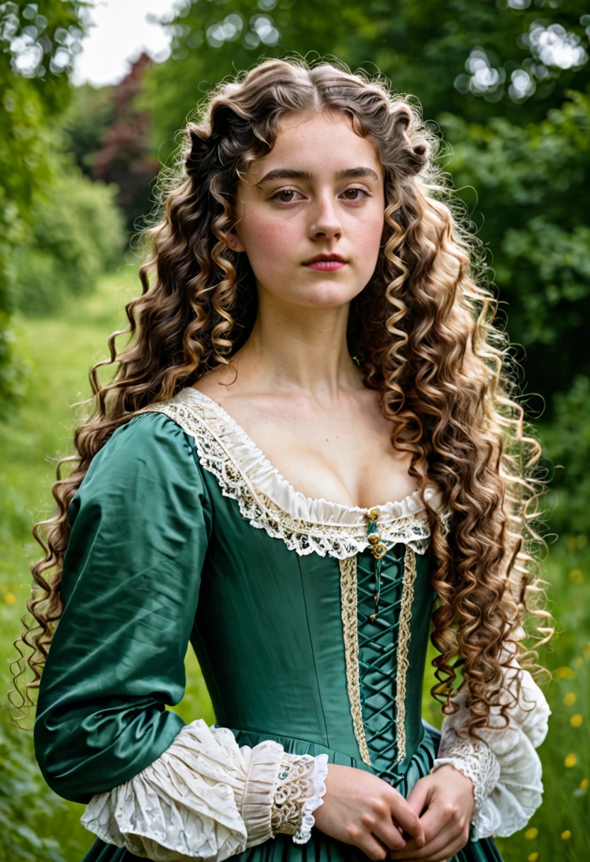 girl with long curly hair With a noble 19th century dress