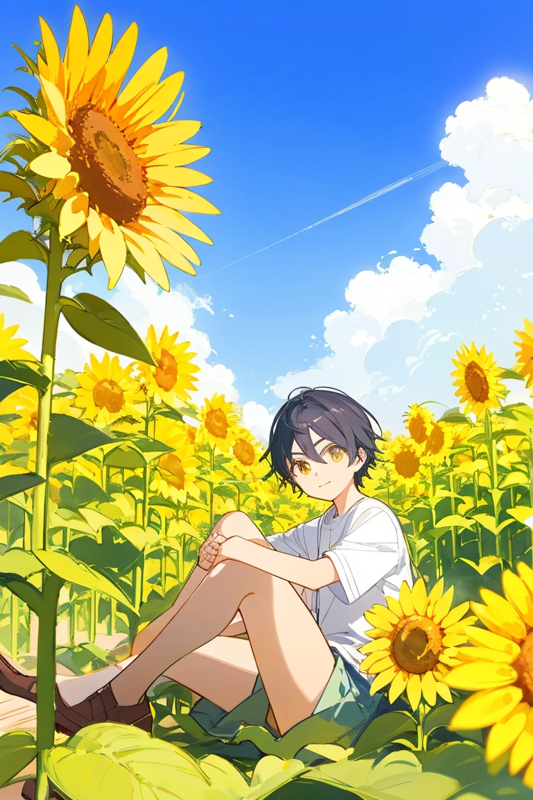 Painting of a boy sitting in a flower bed, 1boy, coronation of Prince of Flowers, Official Anime Artwork, Prince of Flowers, scene : Sunflower field, scene: Sunflower field, bright summer day, Poster ; summer, Official artwork, Yellow sunshine, shigenori soejima illustration, Beautiful sunflower anime girl, Anime Cover, Bright sunny day