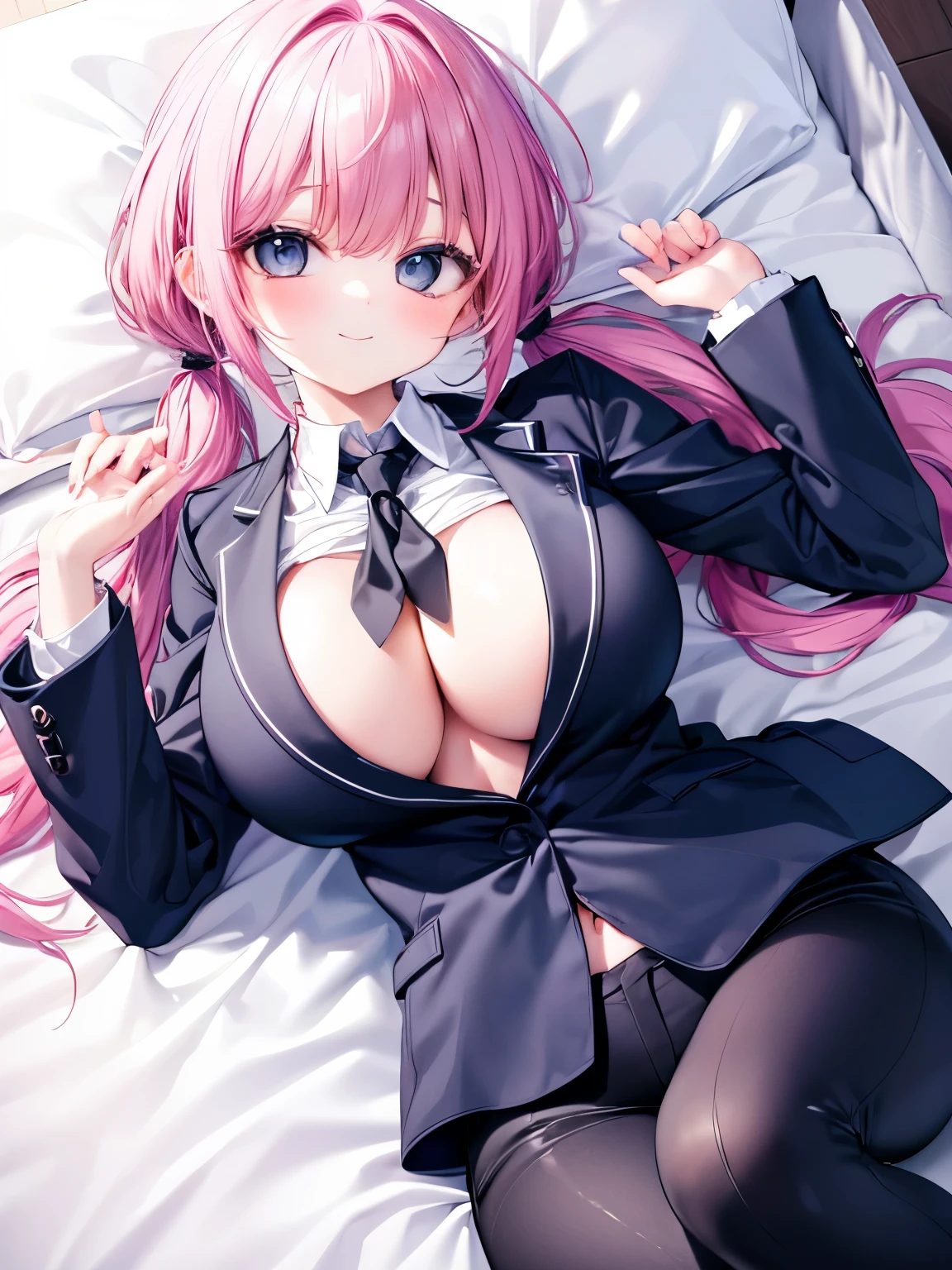 Best Quality,Beautiful Eyes,Very cute face,Beautiful Anime Girl,(Solo Girl),(gigantic breasts:1.2),(large breasts:1.2),(huge breasts:1.2),(big breasts:1.2),(mega breasts:1.2),(Pink hair),(low twintails:1.4),(Light blue eyes),Very happy smile,BREAK,(Black business suit,Black suit jacket,White shirt,Black Loop Tie,Black suit pants,Covered breasts),BREAK,(bed,lying,Top view:1.6)