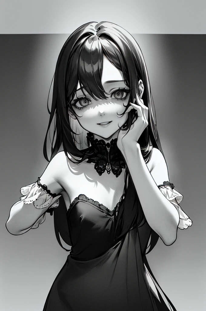 Highest quality, (Background details), High Contrast, Great beauty, Detailed original illustrations, Sensual, Delicate face, Charm, sexy, Real breasts, Small breasts, Crazy Smile, Crazy Eyes, attention arousal, White Background, (White Background: 1. 5), Beautiful line art, Monochrome