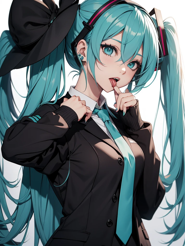 hatsune miku, emo, goth, black hair, school wear, showing the tongue, big tits
