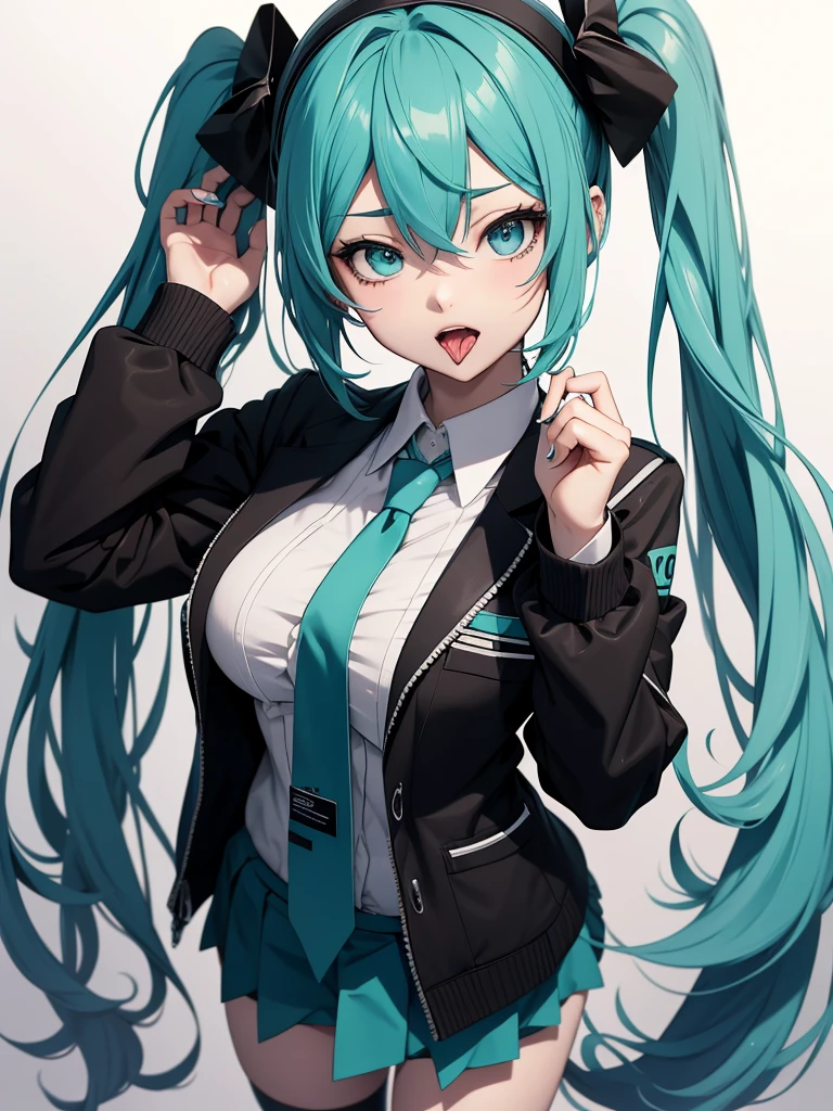 hatsune miku, emo, goth, black hair, school wear, showing the tongue, big tits